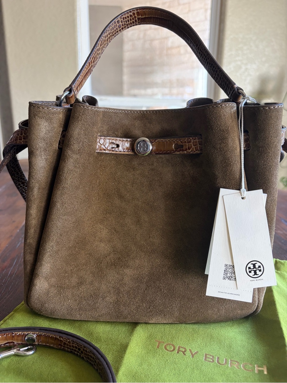 Tory Burch ROMY Suede Bucket Bag Deep Olive